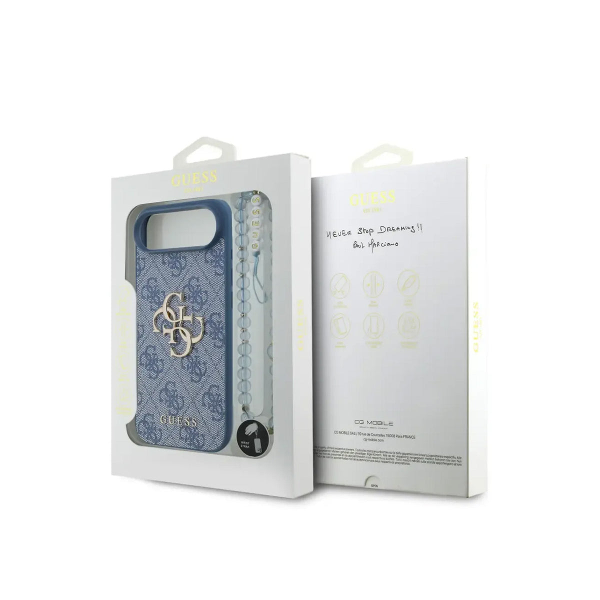 GUESS Funda de Polipiel Logo 4G Clásico para iPhone Air con Correa de Perlas y Protección Anticaídas, Azul