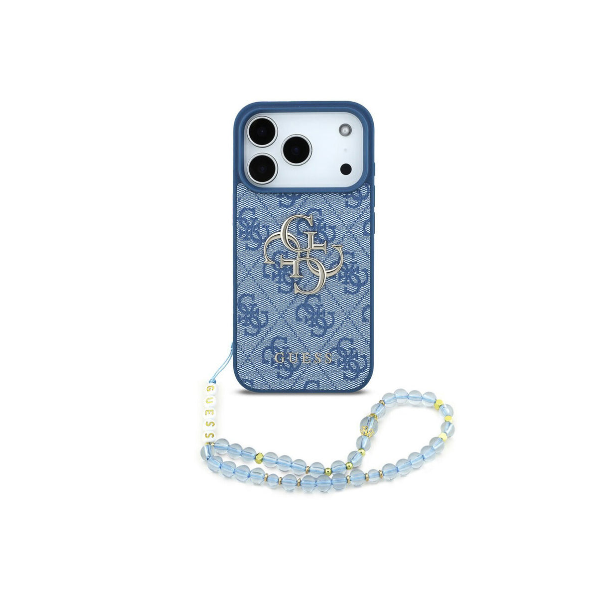 GUESS Funda de Polipiel con Logo 4G Clásico para iPhone 17 Pro/18 Pro con Correa de Perlas, Azul