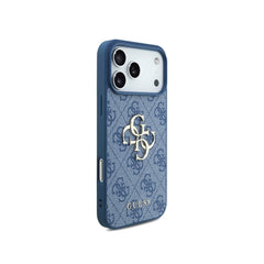 GUESS Funda para iPhone 17 Pro Max – Carcasa de Polipiel Azul con Logo 4G Clásico y Correa de Perlas, Diseño Elegante y Ajuste Preciso