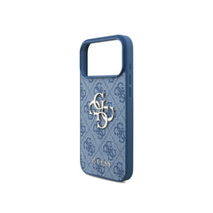 GUESS Funda para iPhone 17 Pro – Carcasa de Polipiel Azul con Logo 4G Clásico y Correa de Perlas, Diseño Elegante y Ajuste Preciso