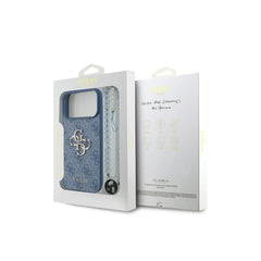 GUESS Funda para iPhone 17 Pro – Carcasa de Polipiel Azul con Logo 4G Clásico y Correa de Perlas, Diseño Elegante y Ajuste Preciso