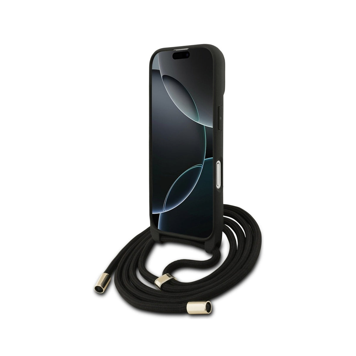 Guess Funda Logo 4G para iPhone 17 con Cordón y Protección Anticaídas, Negra