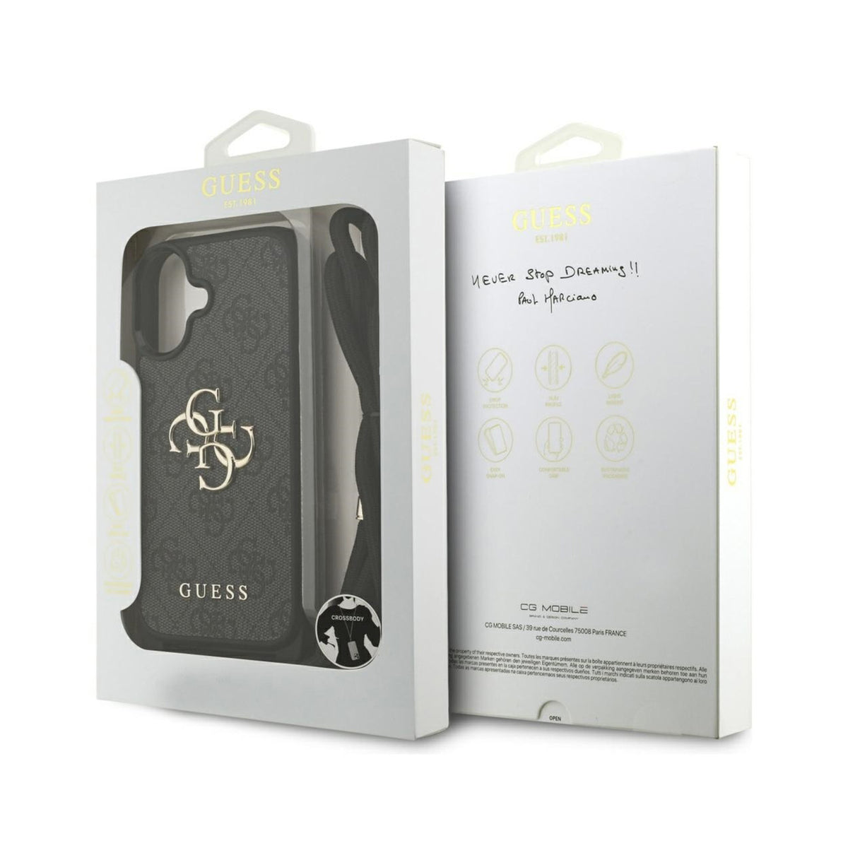 Guess Funda Logo 4G para iPhone 17 con Cordón y Protección Anticaídas, Negra