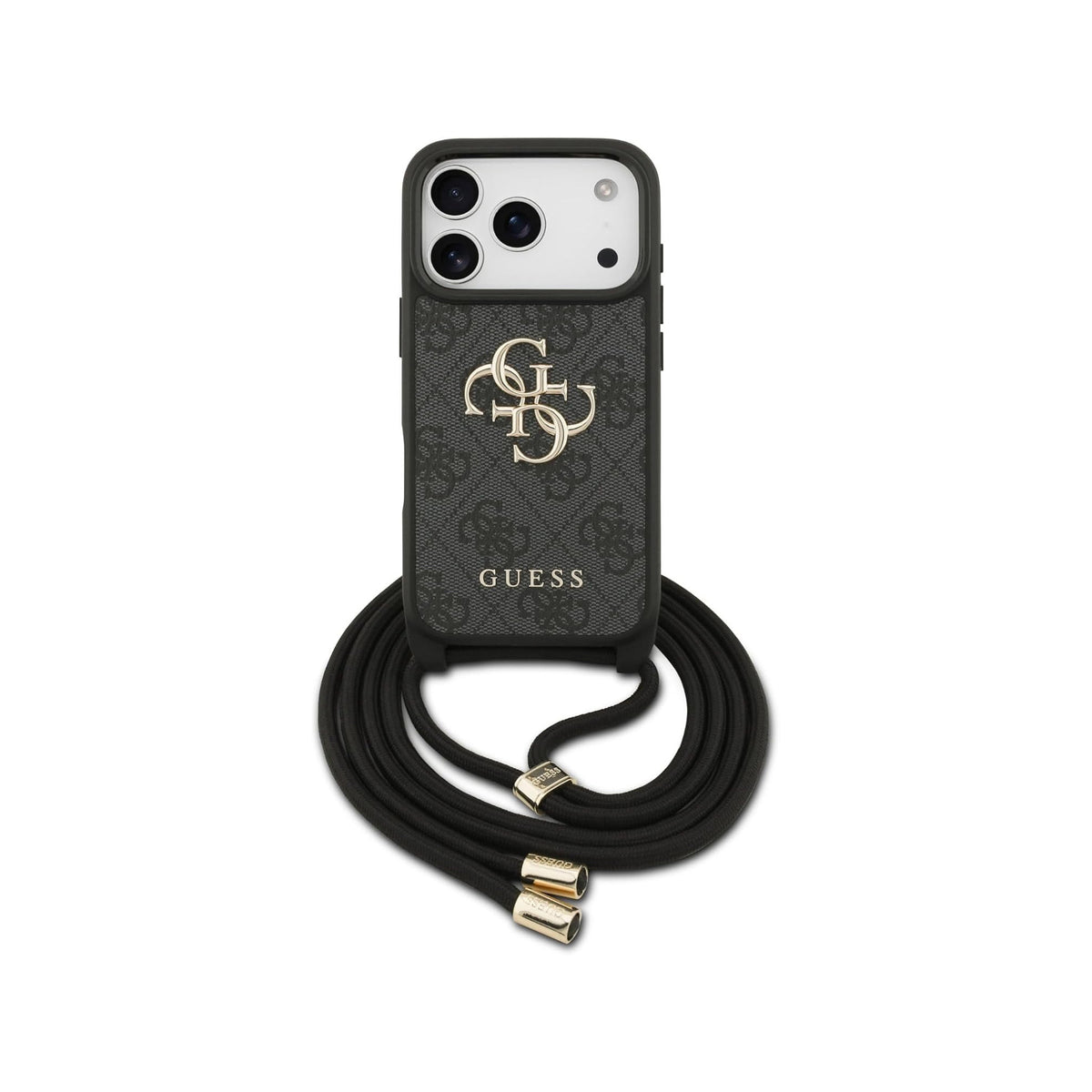 GUESS Funda Logo 4G para iPhone 17 Pro/18 Pro con Correa de Cordón, Negra