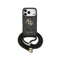Guess Funda Logo 4G para iPhone 17 Pro con Correa de Cordón y Protección Anticaídas, Negra