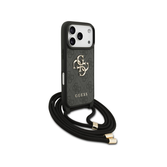 Guess Funda para iPhone 17 Pro – Carcasa de PU 4G con Gran Logo y Correa con Cordón Negra, Protección Anticaídas y Ajuste Preciso