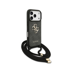 Guess Funda Logo 4G para iPhone 17 Pro con Correa de Cordón y Protección Anticaídas, Negra