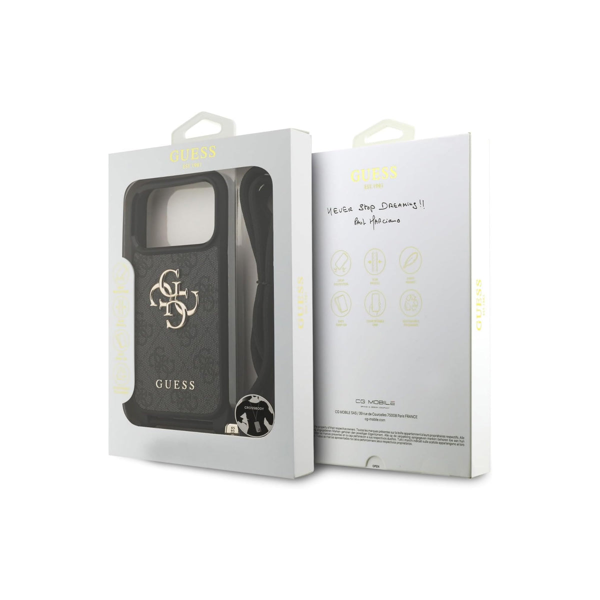 GUESS Funda Logo 4G para iPhone 17 Pro/18 Pro con Correa de Cordón, Negra