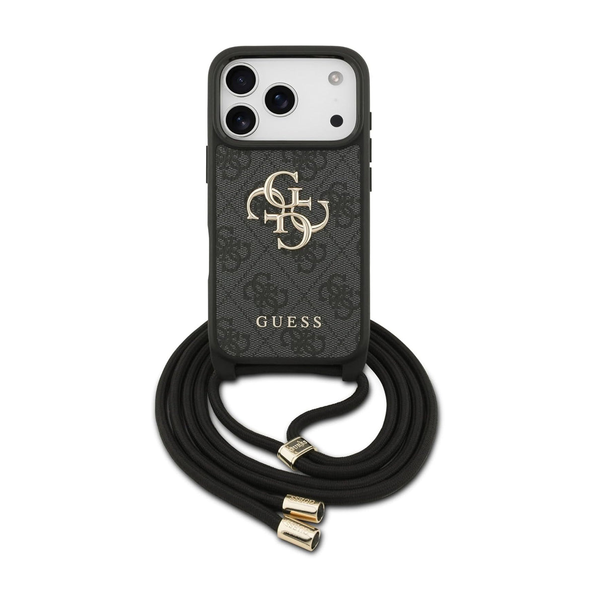 Guess Funda Logo 4G para iPhone 17 Pro Max/18 Pro Max con Correa de Cordón y Protección Anticaídas, Negra