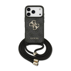 Guess iPhone 17 Pro Max Case – Black 4G PU Cover with Large Guess Logo, Lanyard Strap, and Drop Protection