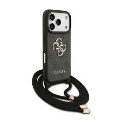 Guess iPhone 17 Pro Max Case – Black 4G PU Cover with Large Guess Logo, Lanyard Strap, and Drop Protection