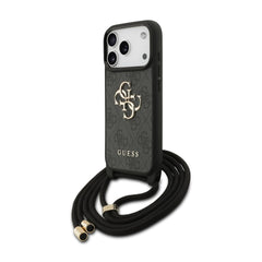 Guess iPhone 17 Pro Max Case – Black 4G PU Cover with Large Guess Logo, Lanyard Strap, and Drop Protection