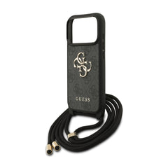 Guess iPhone 17 Pro Max Case – Black 4G PU Cover with Large Guess Logo, Lanyard Strap, and Drop Protection