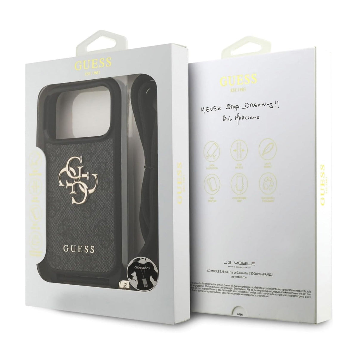 Guess Funda Logo 4G para iPhone 17 Pro Max/18 Pro Max con Correa de Cordón y Protección Anticaídas, Negra