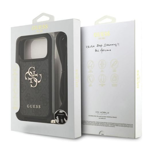 Guess Funda para iPhone 17 Pro Max – Carcasa PU Negra 4G con Gran Logo Guess, Correa con Cordón y Protección Anticaídas