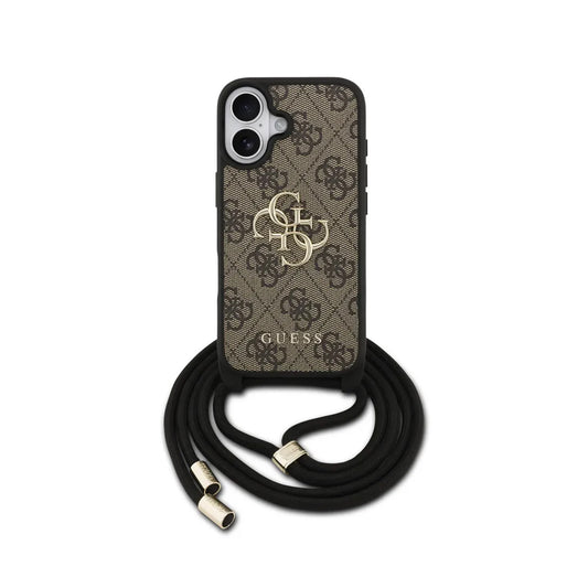 Guess Funda para iPhone 17 – Carcasa con Logotipo 4G Marrón y Cordón, Protección Anticaídas y Ajuste Preciso