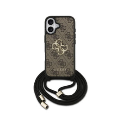 Guess Funda para iPhone 17 – Carcasa con Logotipo 4G Marrón y Cordón, Protección Anticaídas y Ajuste Preciso