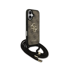 Guess Funda para iPhone 17 – Carcasa con Logotipo 4G Marrón y Cordón, Protección Anticaídas y Ajuste Preciso