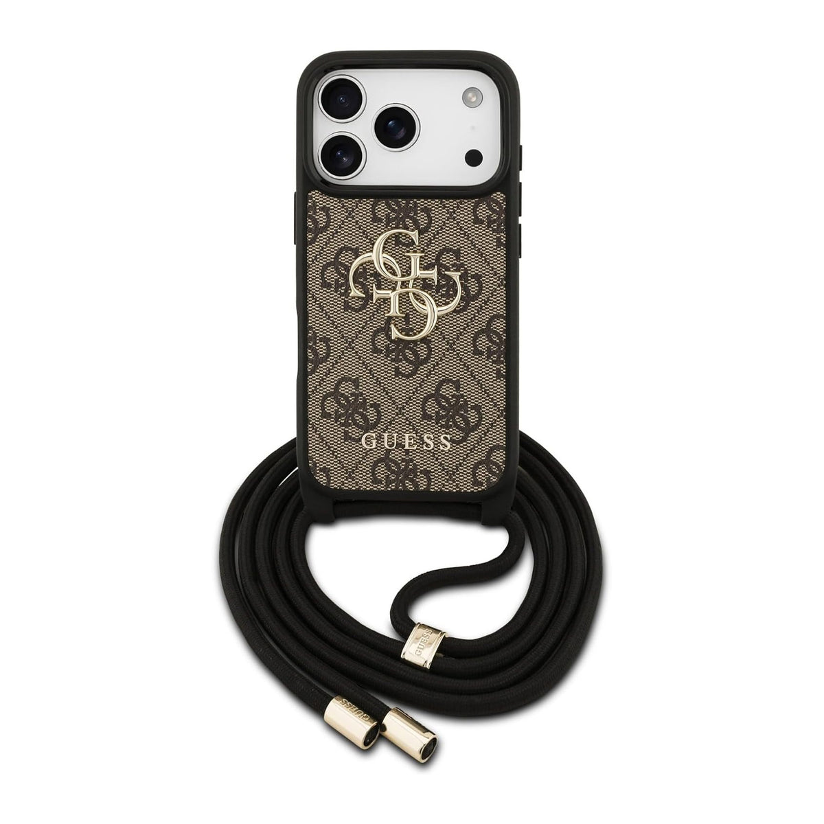Guess iPhone 17 Pro Case – 4G PU Case with Large Logo and Brown Lanyard Strap, Drop Protection and Precise Fit