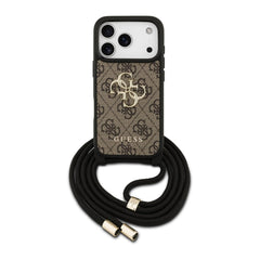 Guess Funda para iPhone 17 Pro – Carcasa de PU 4G con Gran Logo y Correa con Cordón Marrón, Protección Anticaídas y Ajuste Preciso