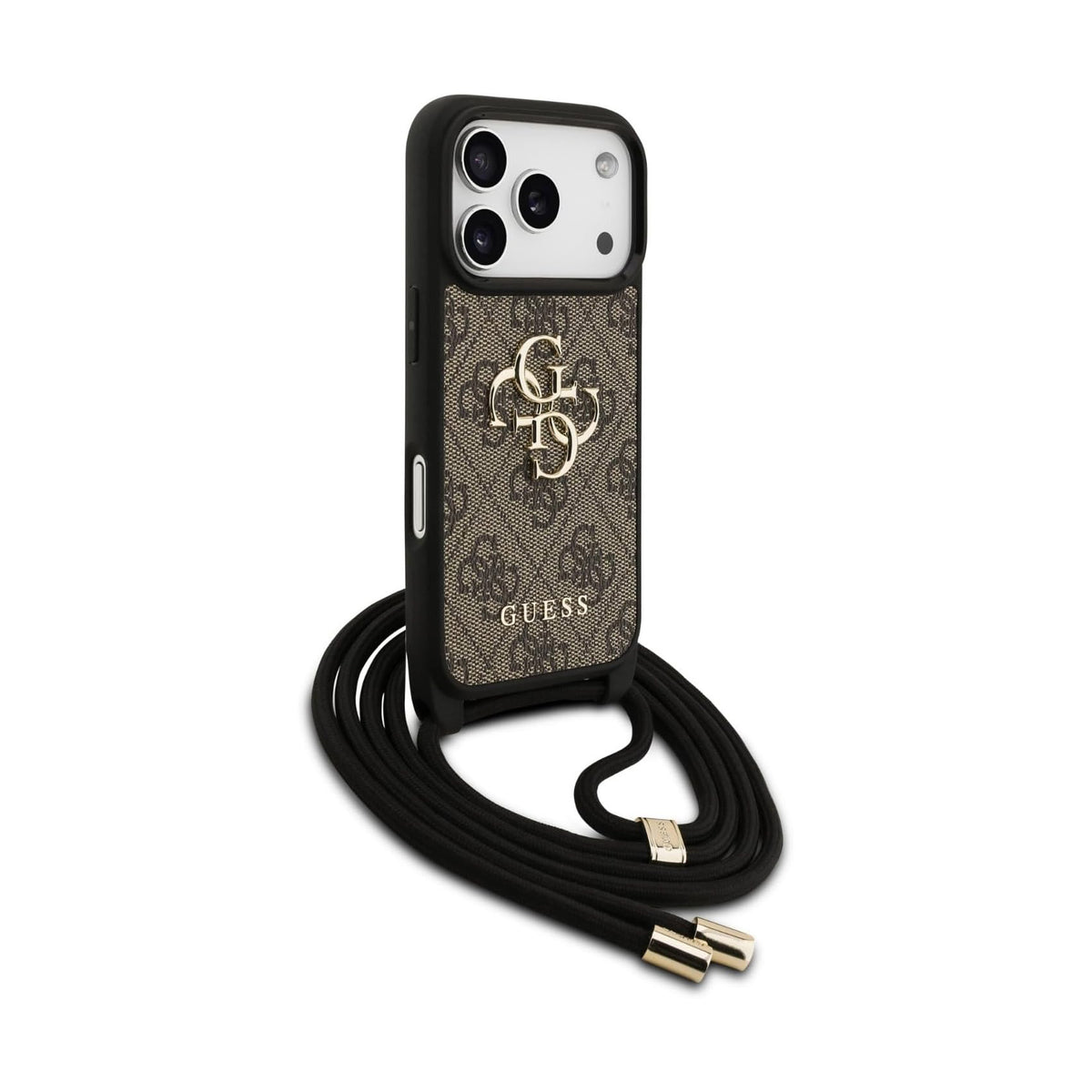 Guess iPhone 17 Pro Case – 4G PU Case with Large Logo and Brown Lanyard Strap, Drop Protection and Precise Fit