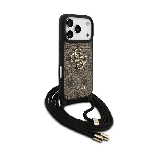 Guess Funda para iPhone 17 Pro – Carcasa de PU 4G con Gran Logo y Correa con Cordón Marrón, Protección Anticaídas y Ajuste Preciso