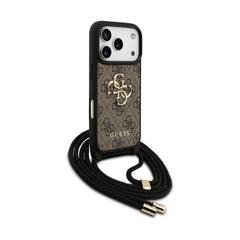 Guess Funda para iPhone 17 Pro – Carcasa de PU 4G con Gran Logo y Correa con Cordón Marrón, Protección Anticaídas y Ajuste Preciso