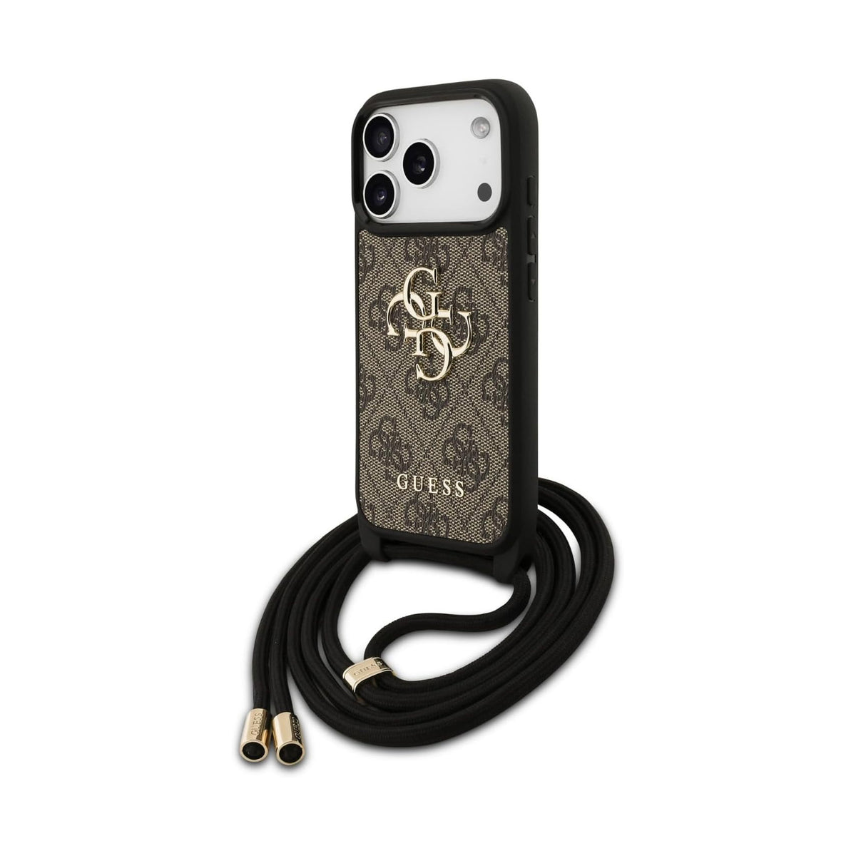 Guess iPhone 17 Pro Case – 4G PU Case with Large Logo and Brown Lanyard Strap, Drop Protection and Precise Fit