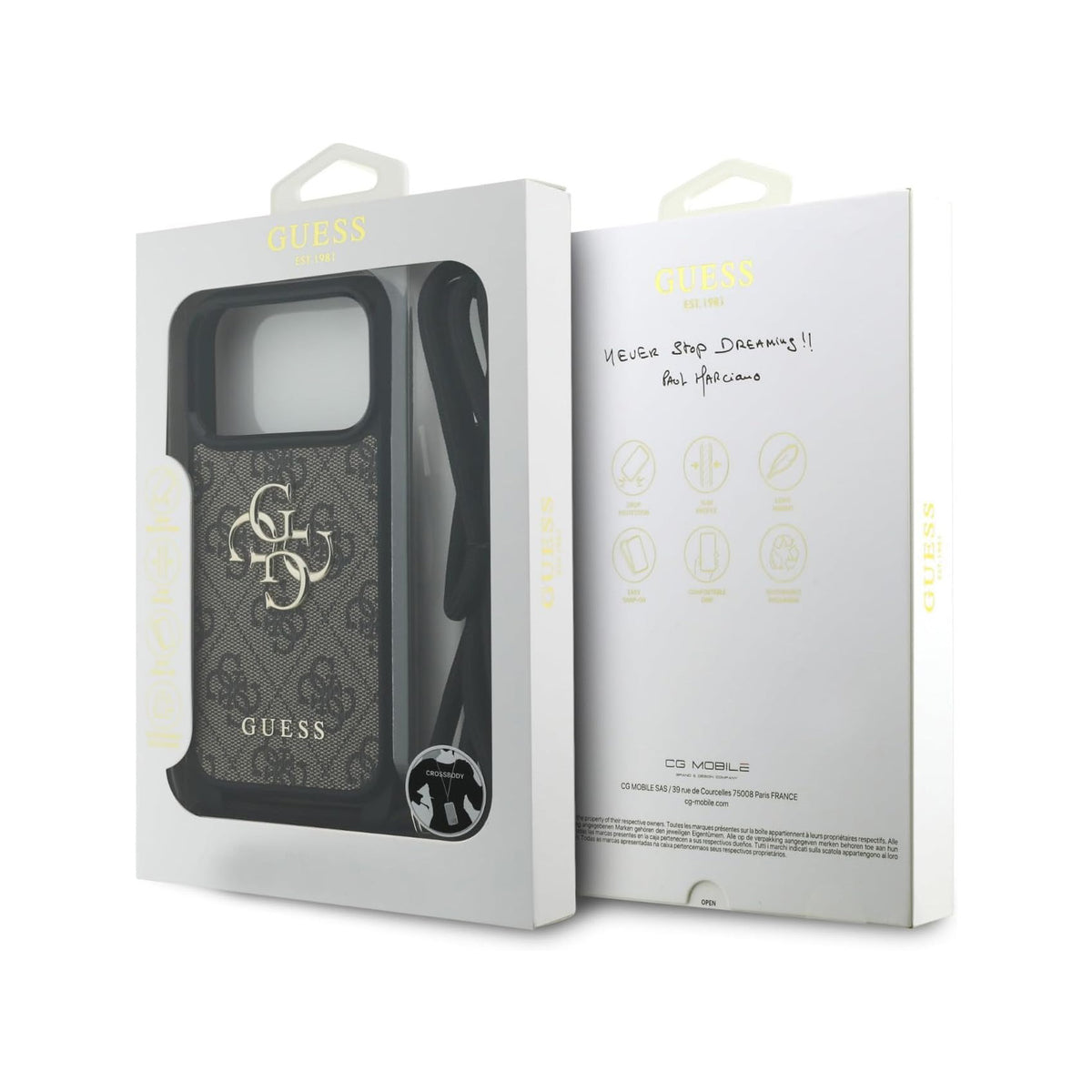 Guess iPhone 17 Pro Case – 4G PU Case with Large Logo and Brown Lanyard Strap, Drop Protection and Precise Fit