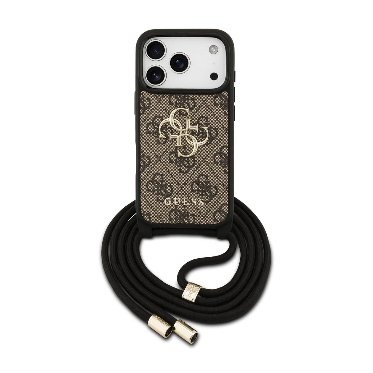 Guess Case for iPhone 17 Pro Max – Brown 4G Faux Leather Cover with Large Guess Logo, Lanyard Strap and Drop Protection