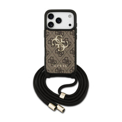 Guess Funda para iPhone 17 Pro Max – Carcasa de Polipiel Marrón 4G con Gran Logo Guess, Correa con Cordón y Protección Anticaídas