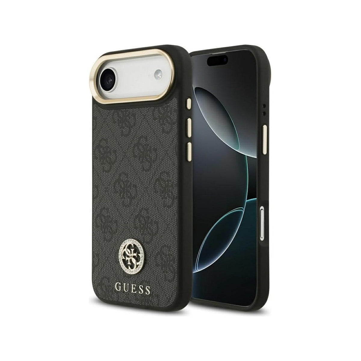 Guess Funda de Polipiel Logo 4G Strass para iPhone Air Compatible con MagSafe y Protección Anticaídas, Negra
