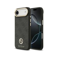 Guess Funda de Polipiel Logo 4G Strass para iPhone Air Compatible con MagSafe y Protección Anticaídas, Negra
