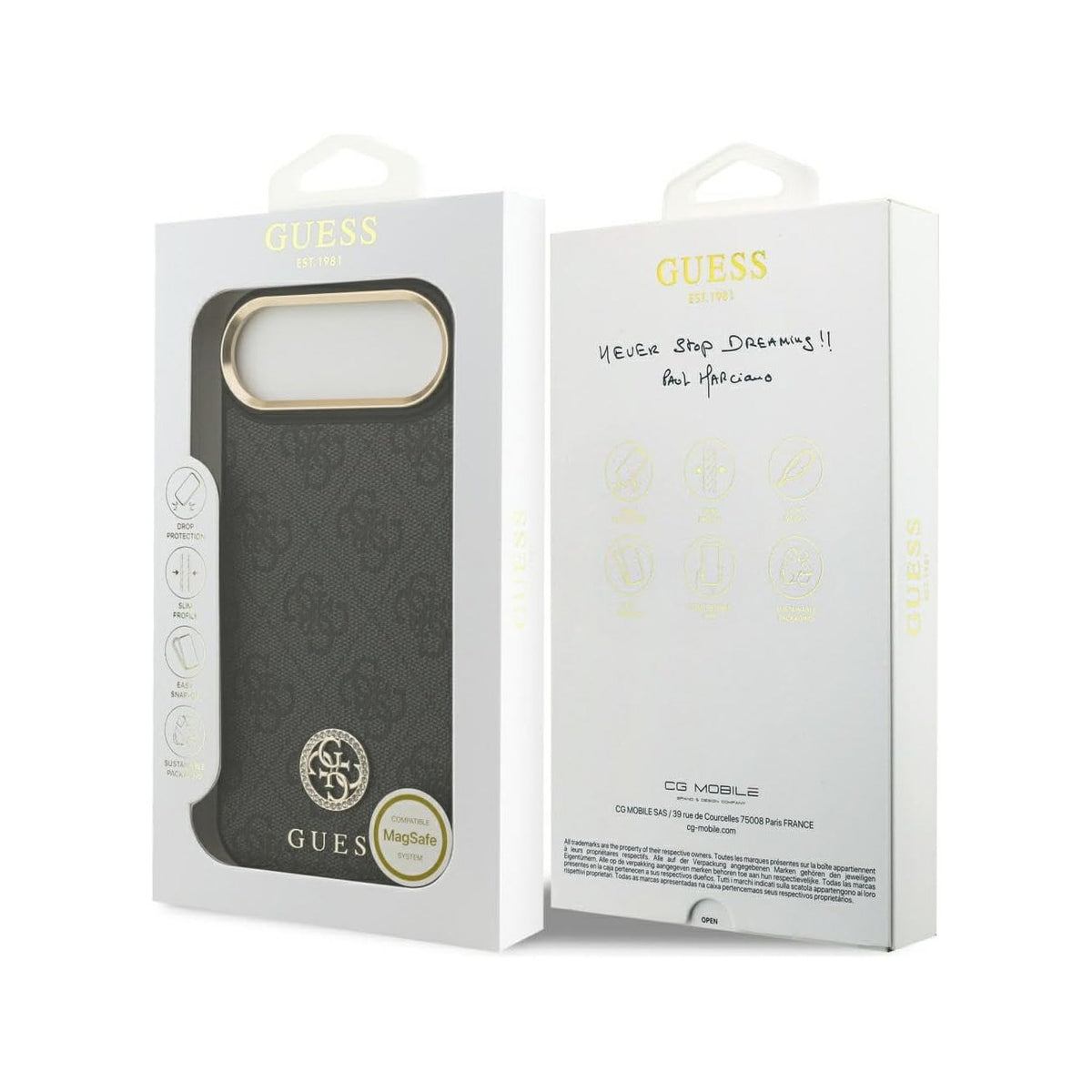 Guess Funda de Polipiel Logo 4G Strass para iPhone Air Compatible con MagSafe y Protección Anticaídas, Negra