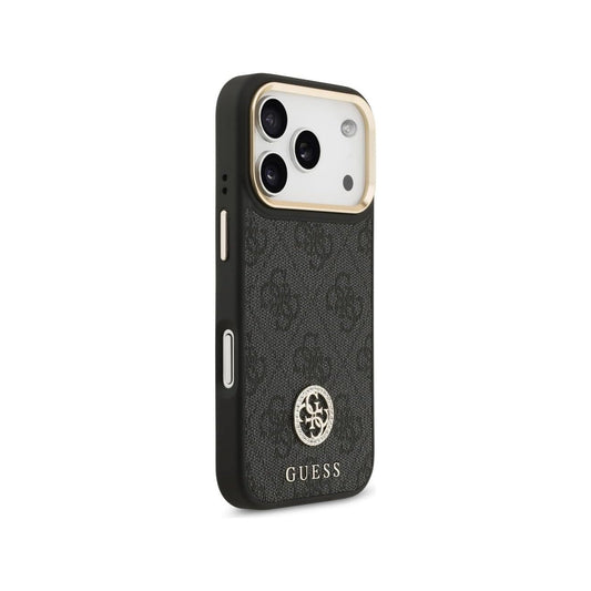 Guess Funda para iPhone 17 Pro – Carcasa de Polipiel Negra Compatible con MagSafe con Logo 4G de Strass, Protección Anticaídas y Ajuste Preciso