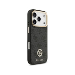 Guess Funda para iPhone 17 Pro – Carcasa de Polipiel Negra Compatible con MagSafe con Logo 4G de Strass, Protección Anticaídas y Ajuste Preciso