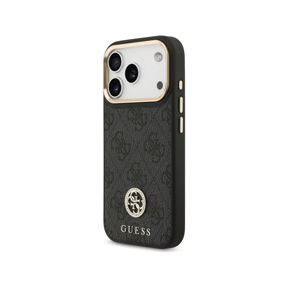 GUESS Funda de Polipiel con Logo 4G Strass para iPhone 17 Pro/18 Pro Compatible con MagSafe, Negra