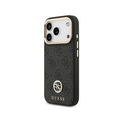 Guess Funda para iPhone 17 Pro – Carcasa de Polipiel Negra Compatible con MagSafe con Logo 4G de Strass, Protección Anticaídas y Ajuste Preciso