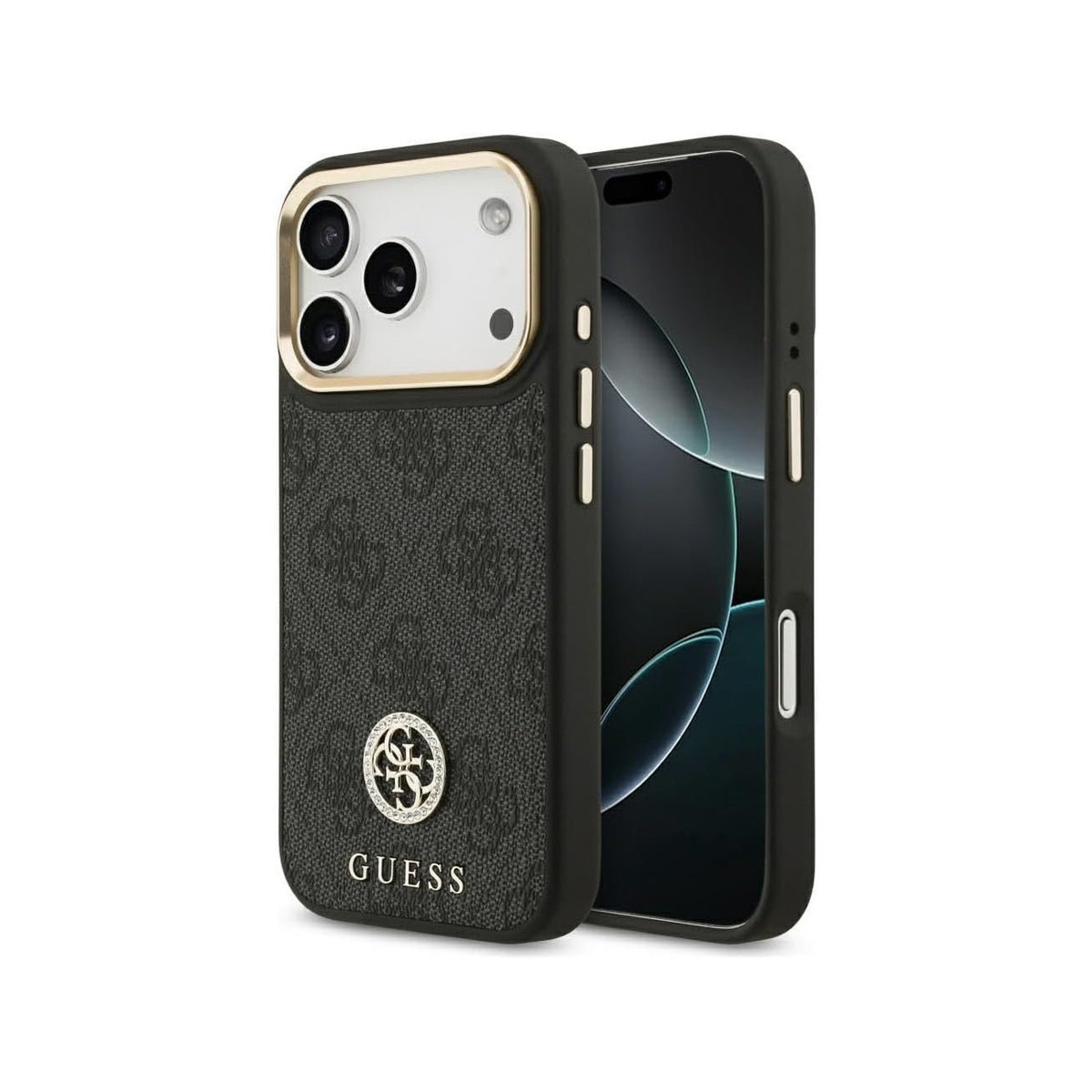 GUESS Funda de Polipiel con Logo 4G Strass para iPhone 17 Pro/18 Pro Compatible con MagSafe, Negra
