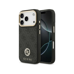 Guess Funda para iPhone 17 Pro – Carcasa de Polipiel Negra Compatible con MagSafe con Logo 4G de Strass, Protección Anticaídas y Ajuste Preciso