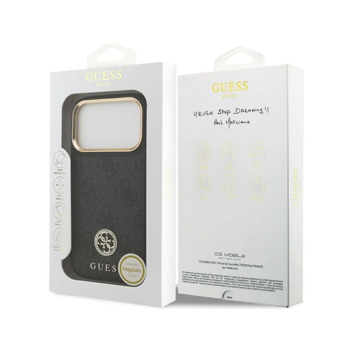 GUESS Funda de Polipiel con Logo 4G Strass para iPhone 17 Pro/18 Pro Compatible con MagSafe, Negra