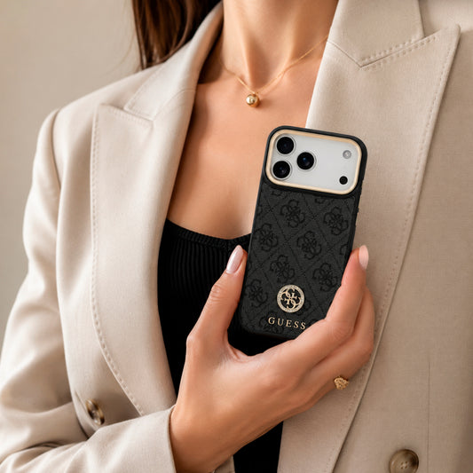 Guess Funda de Polipiel Logo 4G Strass para iPhone 17 Pro Max Compatible con MagSafe y Protección Anticaídas, Negra