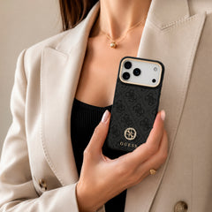 Guess Funda de Polipiel Logo 4G Strass para iPhone 17 Pro Max Compatible con MagSafe y Protección Anticaídas, Negra