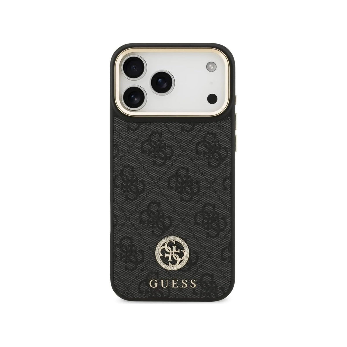 Guess Funda de Polipiel Logo 4G Strass para iPhone 17 Pro Max/18 Pro Max Compatible con MagSafe y Protección Anticaídas, Negra