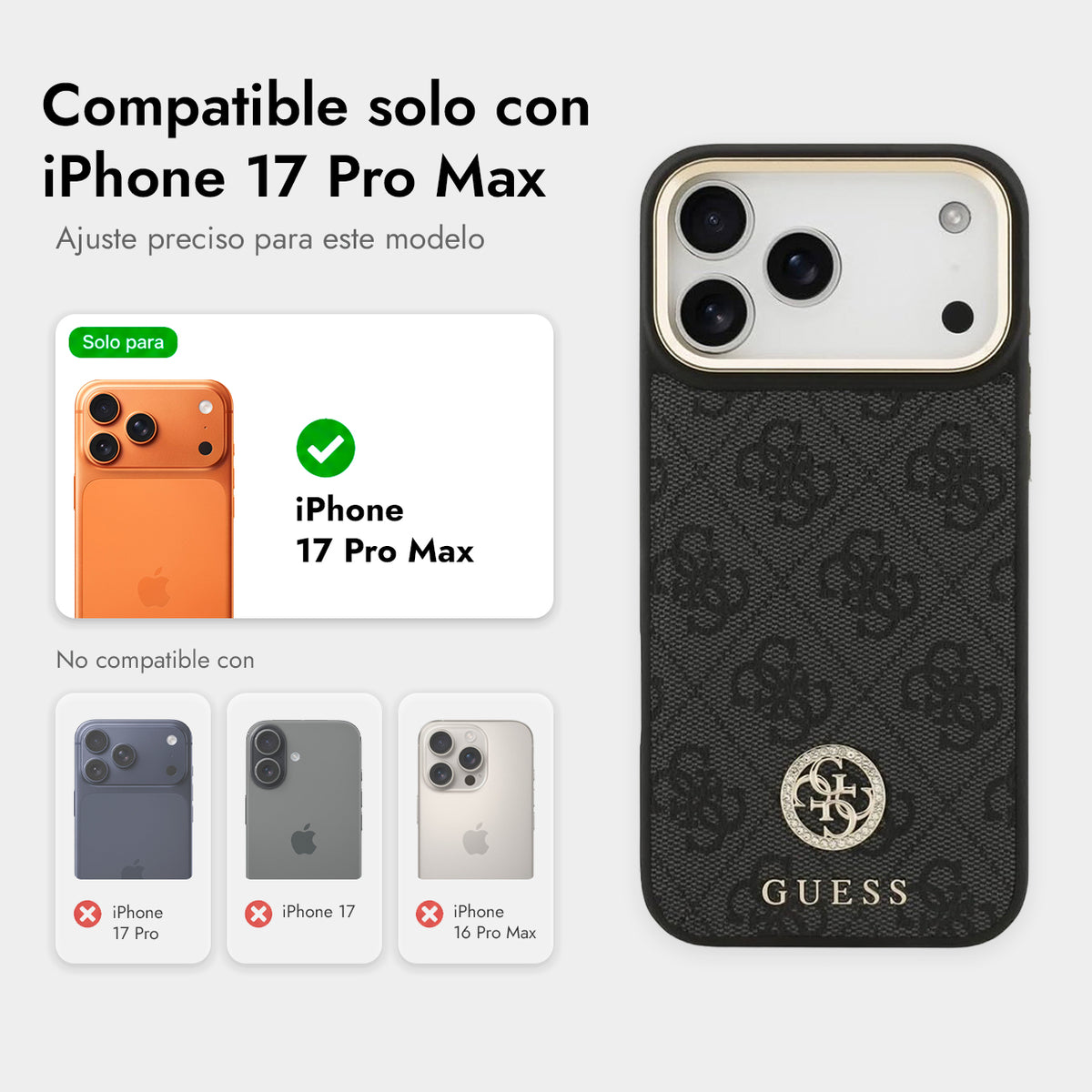 Guess Funda de Polipiel Logo 4G Strass para iPhone 17 Pro Max/18 Pro Max Compatible con MagSafe y Protección Anticaídas, Negra