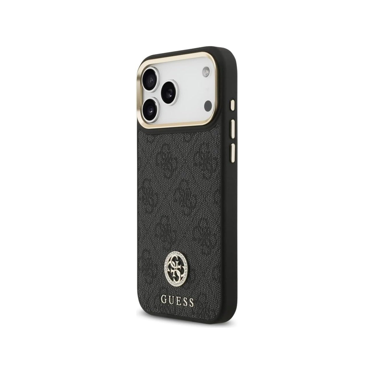 Guess Funda de Polipiel Logo 4G Strass para iPhone 17 Pro Max/18 Pro Max Compatible con MagSafe y Protección Anticaídas, Negra