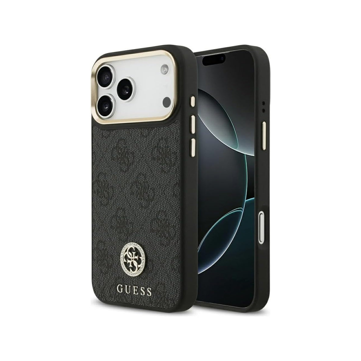 Guess Funda de Polipiel Logo 4G Strass para iPhone 17 Pro Max/18 Pro Max Compatible con MagSafe y Protección Anticaídas, Negra