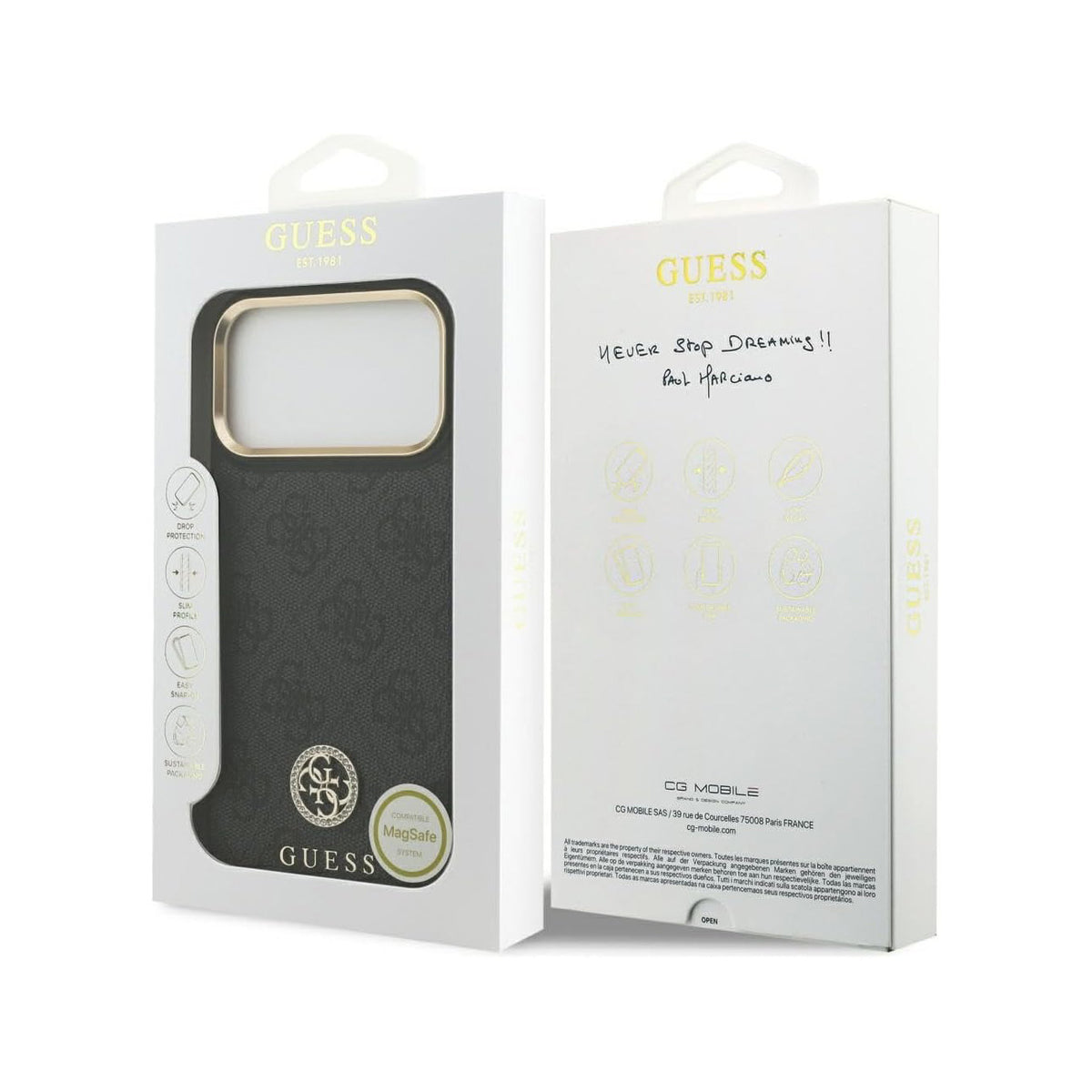 Guess Funda de Polipiel Logo 4G Strass para iPhone 17 Pro Max/18 Pro Max Compatible con MagSafe y Protección Anticaídas, Negra