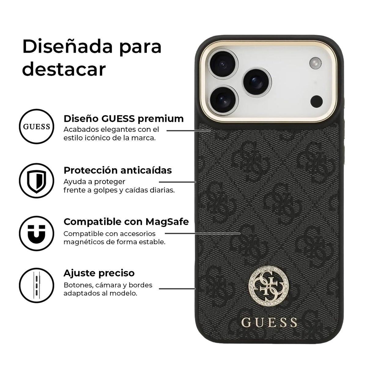 Guess Funda de Polipiel Logo 4G Strass para iPhone 17 Pro Max/18 Pro Max Compatible con MagSafe y Protección Anticaídas, Negra