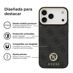 Guess Funda de Polipiel Logo 4G Strass para iPhone 17 Pro Max Compatible con MagSafe y Protección Anticaídas, Negra